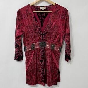 One World Paisley Empire Waist Beaded Top Size M Red Black Boho Indie